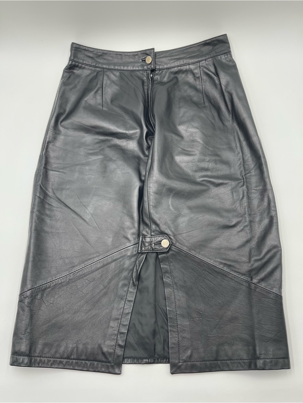 Pelle Cuir Vintage 80s Black Leather Pencil Midi Skirt High Rise Paneling Sz 12 - Picture 4 of 12